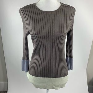 St. John Ribbed Crewneck Sweater in Brown with Blue and Cream Accents
